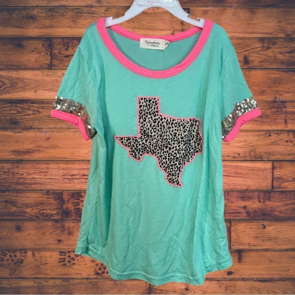 5 for $25🔥Wanderer Teal &‎ Pink Cheetah Texas T-Shirt Size 10-12Y